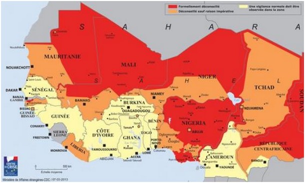 Les zones en rouge sont formellement déconseillées, celles en orange sont déconseillées sauf raison impérative et une vigilance normale doit être observée dans les zones en jaune.