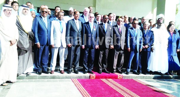 photo de famille de la rencontre. Le ministre Zahabi Sidi Mohamed à côté du président Alpha Condé