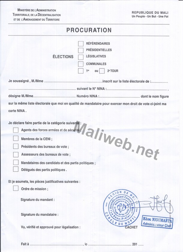 Une procuration vierge avec cachet