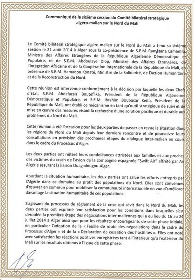 Communiqué de la sixième session comité bilatéral stratégique algéro-malien sur le Nord du Mali