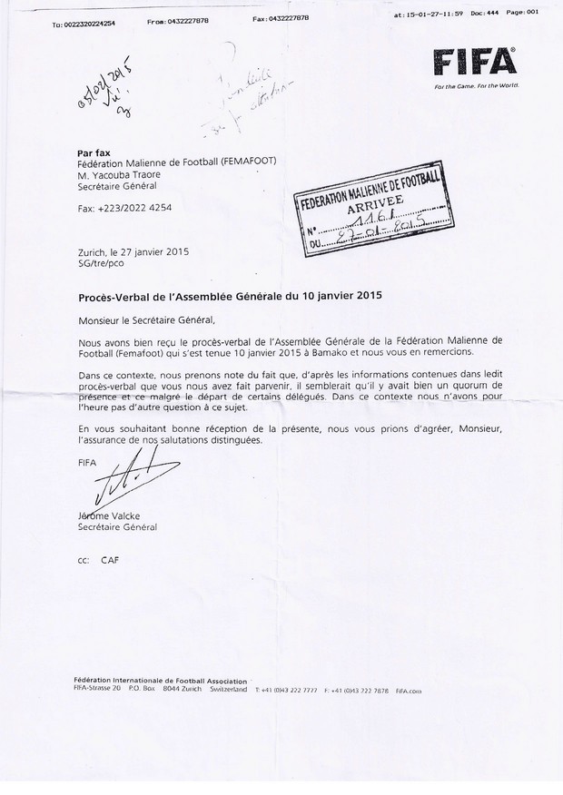 Lettre de la Fifa adressée à Yely Sissoko, le 12 février 2015