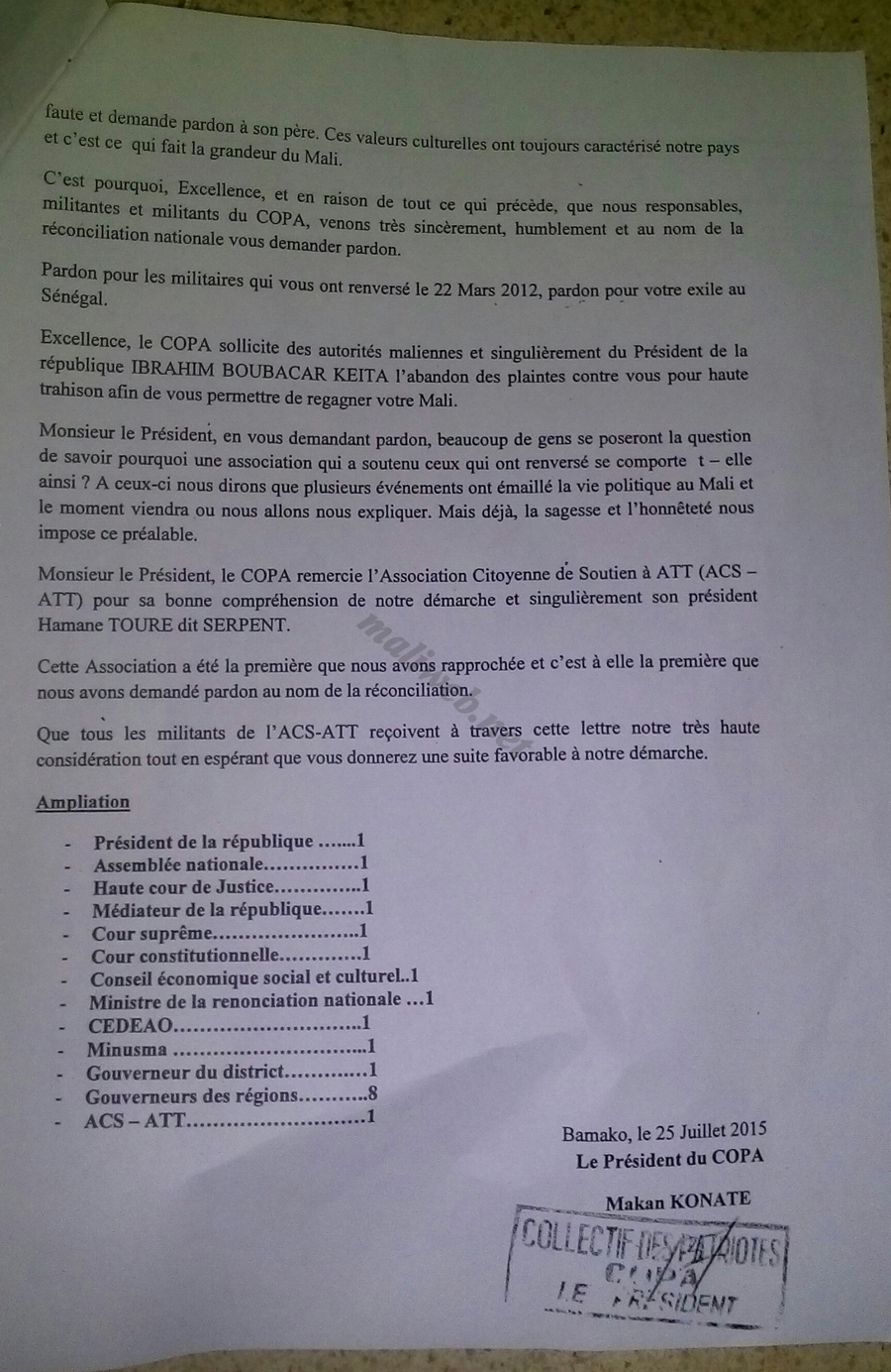 Le collectif des patriotes(COPA) pro-Sanogo écrit à ATT : « Excellence Monsieur le Président, nous vous demandons pardon ! »