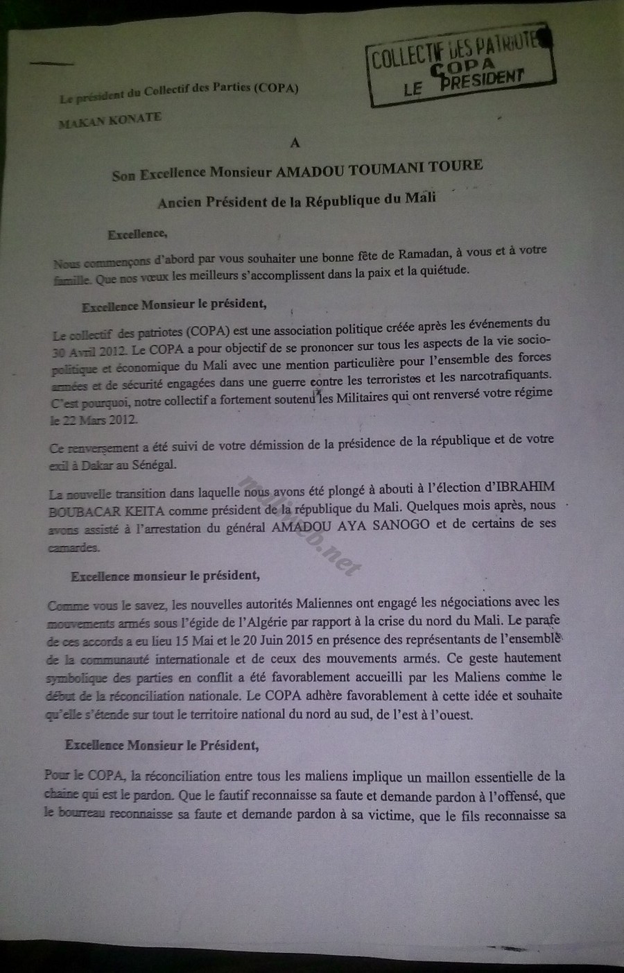 Le collectif des patriotes(COPA) pro-Sanogo écrit à ATT : « Excellence Monsieur le Président, nous vous demandons pardon ! »