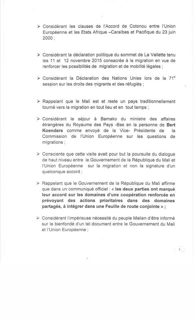 La résolution N°2016-AN-RM de l'Assemblée nationale du Mali relative à l'information sur la prétendue signature d'un accord entre le Mali et l'Union européenne sur la migration.