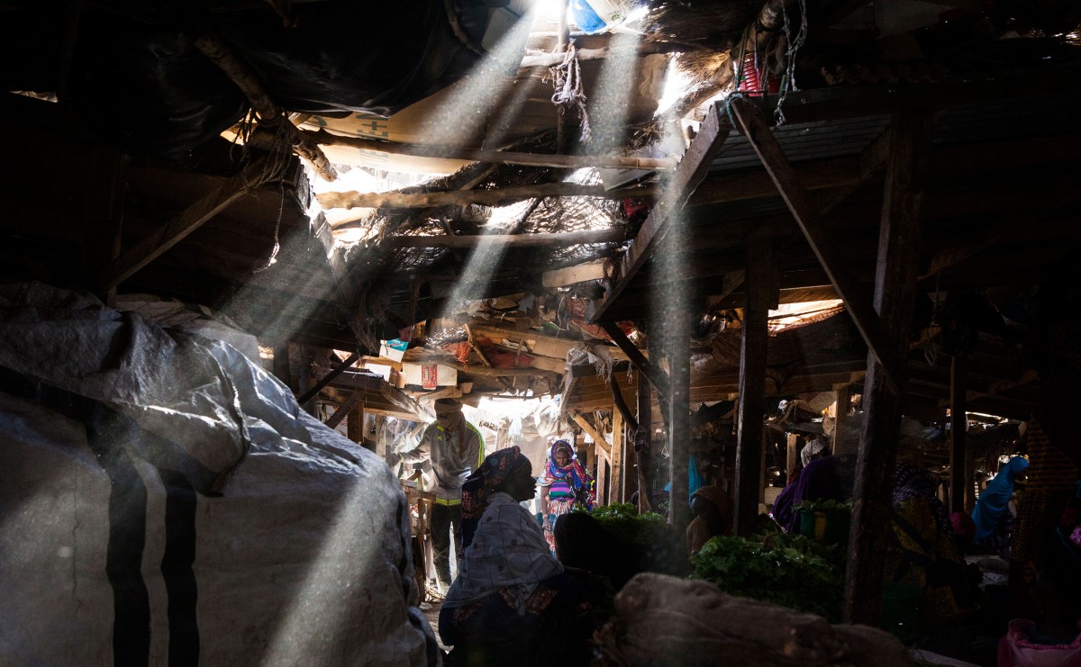 Market stalls are set up as shoppers buy goods in Gao, an ancient city along the Niger River.