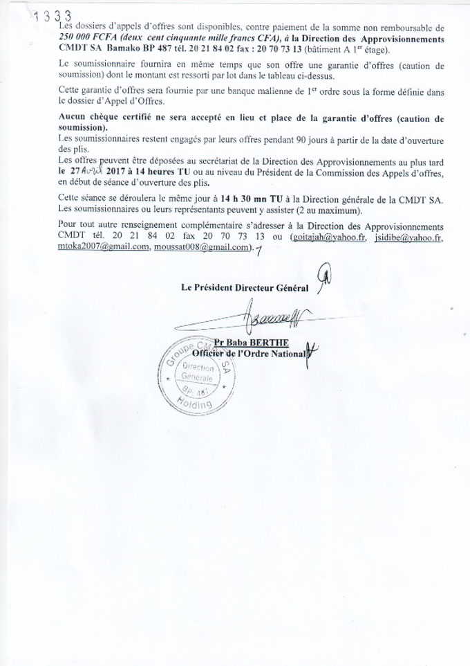 Avis d'appel d'offre de la CMDT