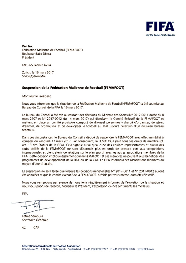Suspension du Mali par la FIFA : Le football malien prend un sérieux coup