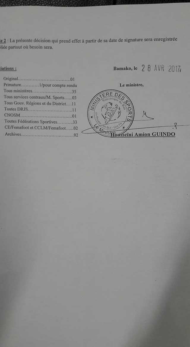 CRISE DU FOOTBALL MALIEN: DÉCISION N°2017-0018/MS-SG PORTANT ANNULATION DES DÉCISIONS N°00 11/MS-SG DU 08 MARS 2017 ET N°0012/MS-SG DU 11 MARS 2017 