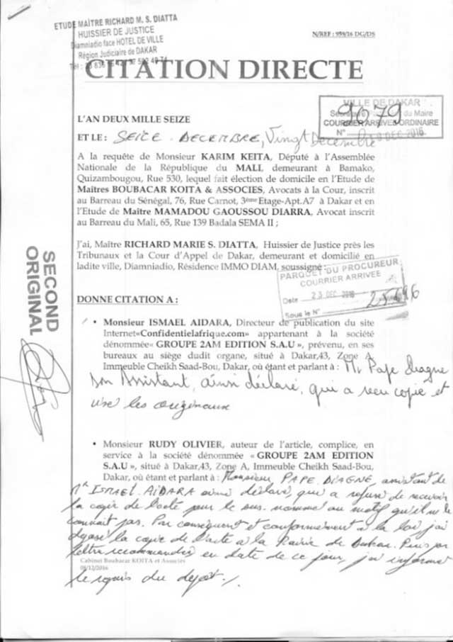 Accusé d’avoir acheté un immeuble à Dubaï : Karim Keita assigne en justice à Dakar le journal en ligne : « Confidentielafrique.com »
