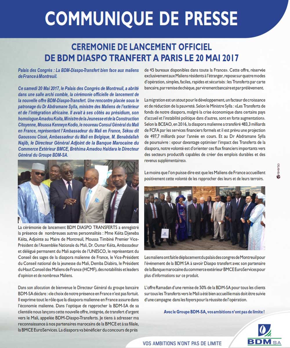 Cérémonie de lancement officiel : De BDM diaspo tranfert à Paris le 20 mai 2017