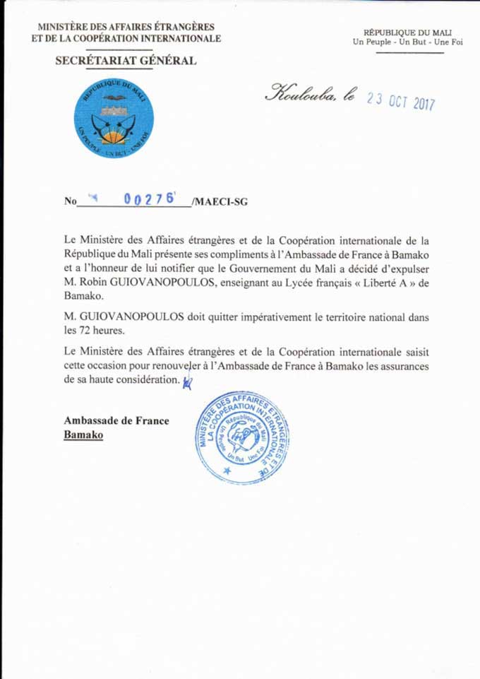 Le communiqué du ministère des affaires étrangères