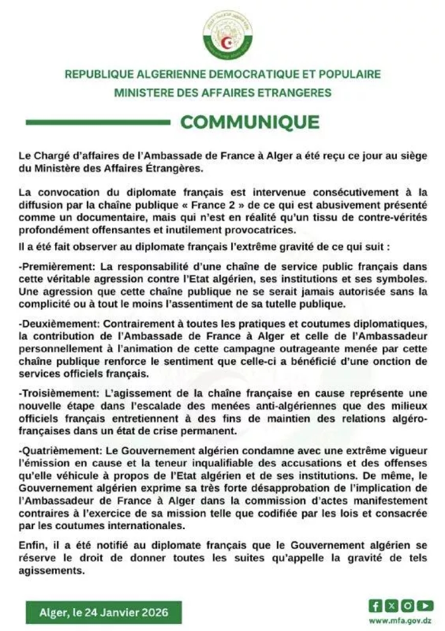 L'Algérie convoque le chargé d’affaires français après la diffusion d'une émission de France 2