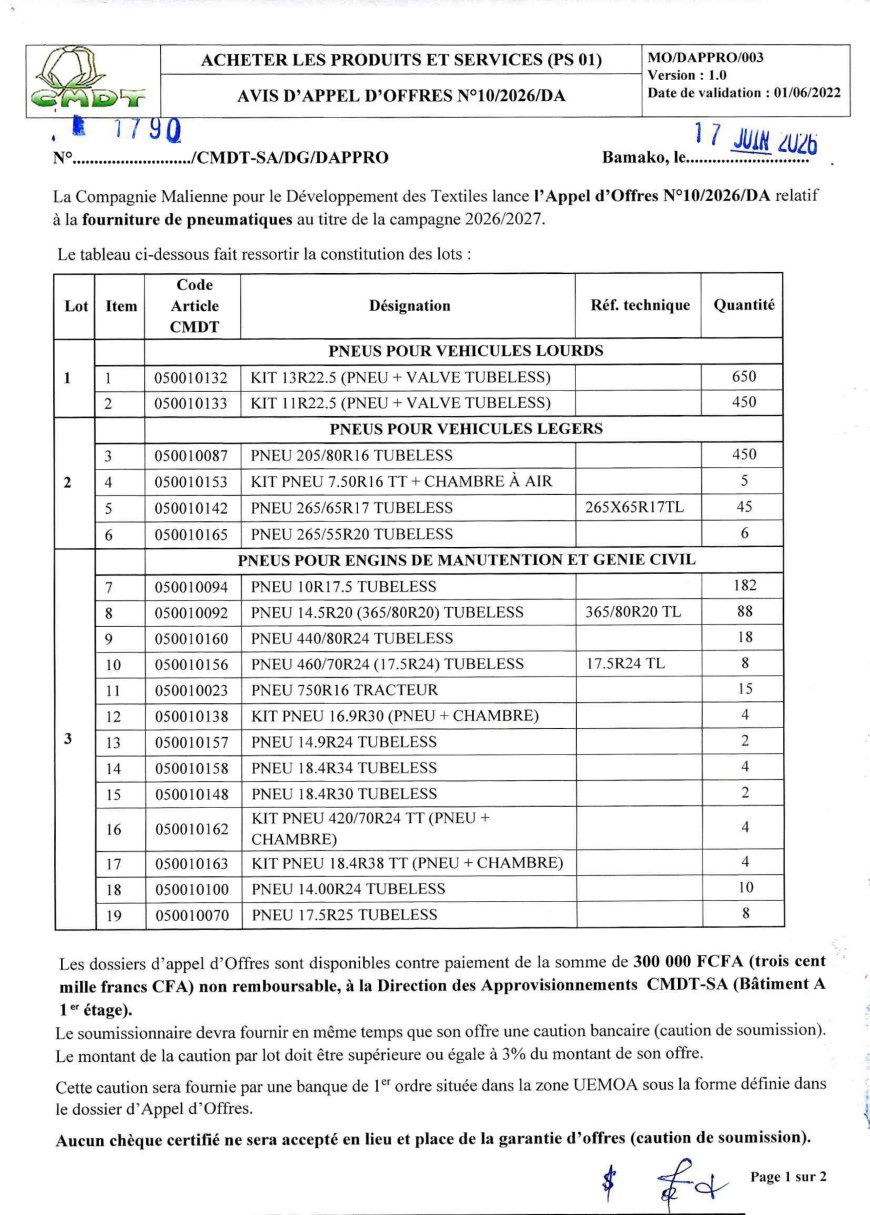 CMDT: Avis d'appel d'offres N°10-2026-DA fourniture des pneumatiques au titre de la campagne 2026-2027
