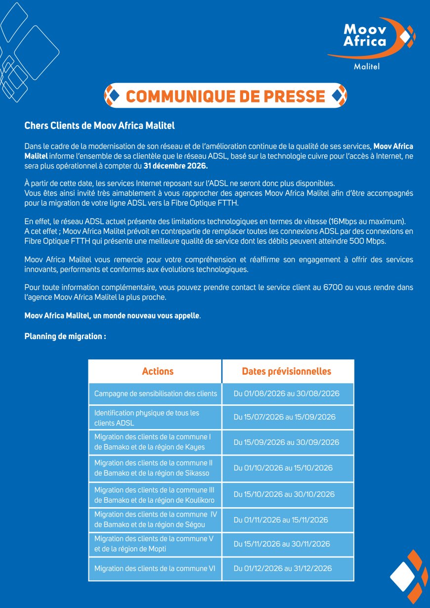 Moov Africa Malitel tourne la page de l’ADSL : la migration vers la fibre optique FTTH lancée d’ici fin 2026