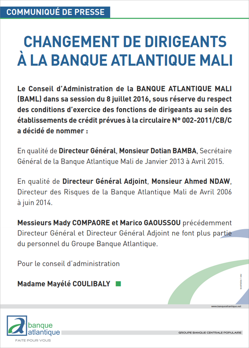 Changement de dirigeants à la Banque Atlantique Mali