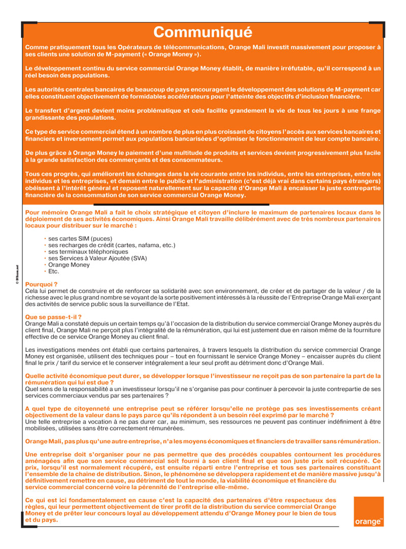 Orange Mali : Communiqué de presse