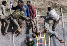 Les gardes civils espagnols tentent de déloger des migrants assis sur le grillage, frontière entre le Maroc et l’enclave de Ceuta