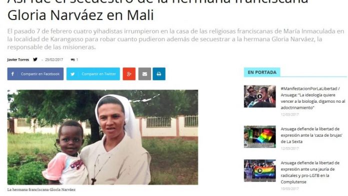 La religieuse colombienne soeur Gloria enlevée au Mali fait partie des titres de la presse en Colombie. © Capture d'écran du site actuall.com