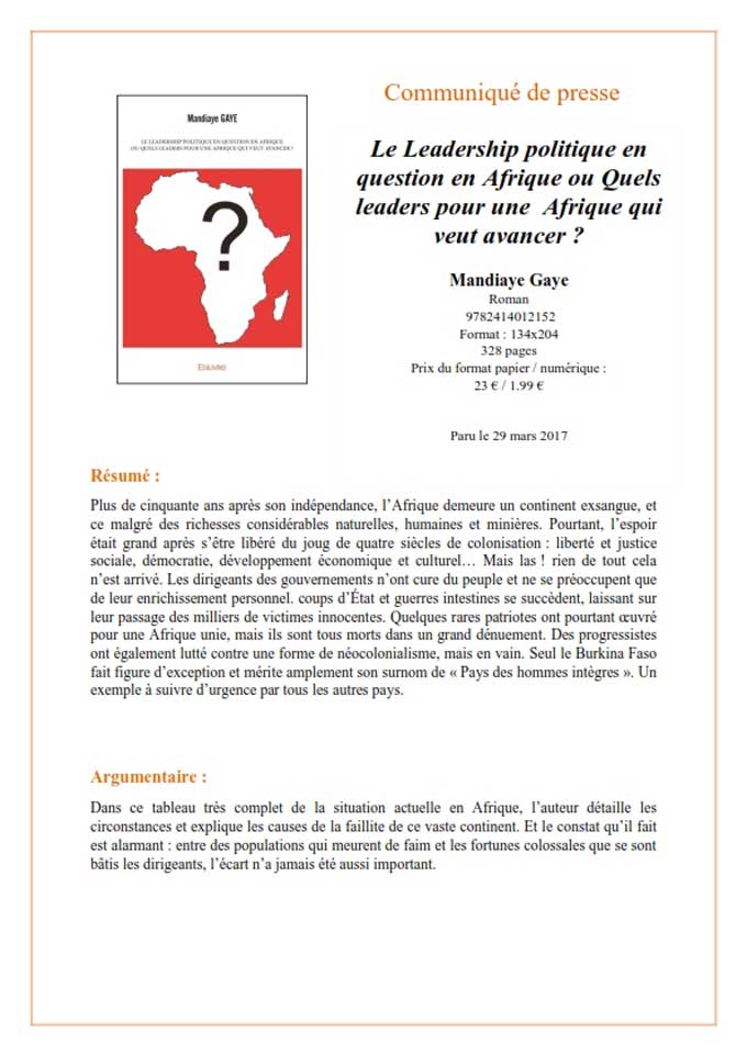 Communiqué de presse: Le Leadership politique en question en Afrique ou Quels leaders pour une Afrique qui veut avancer ?