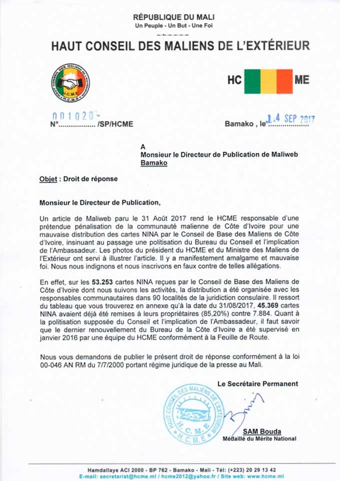 Droit de réponse du haut conseil des Maliens de l’Extérieur