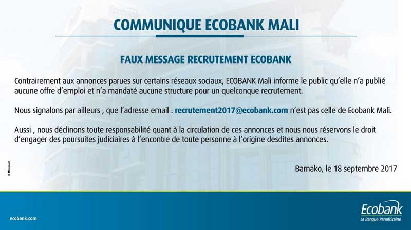 Communiqué: Faux Message recrutement Ecobank