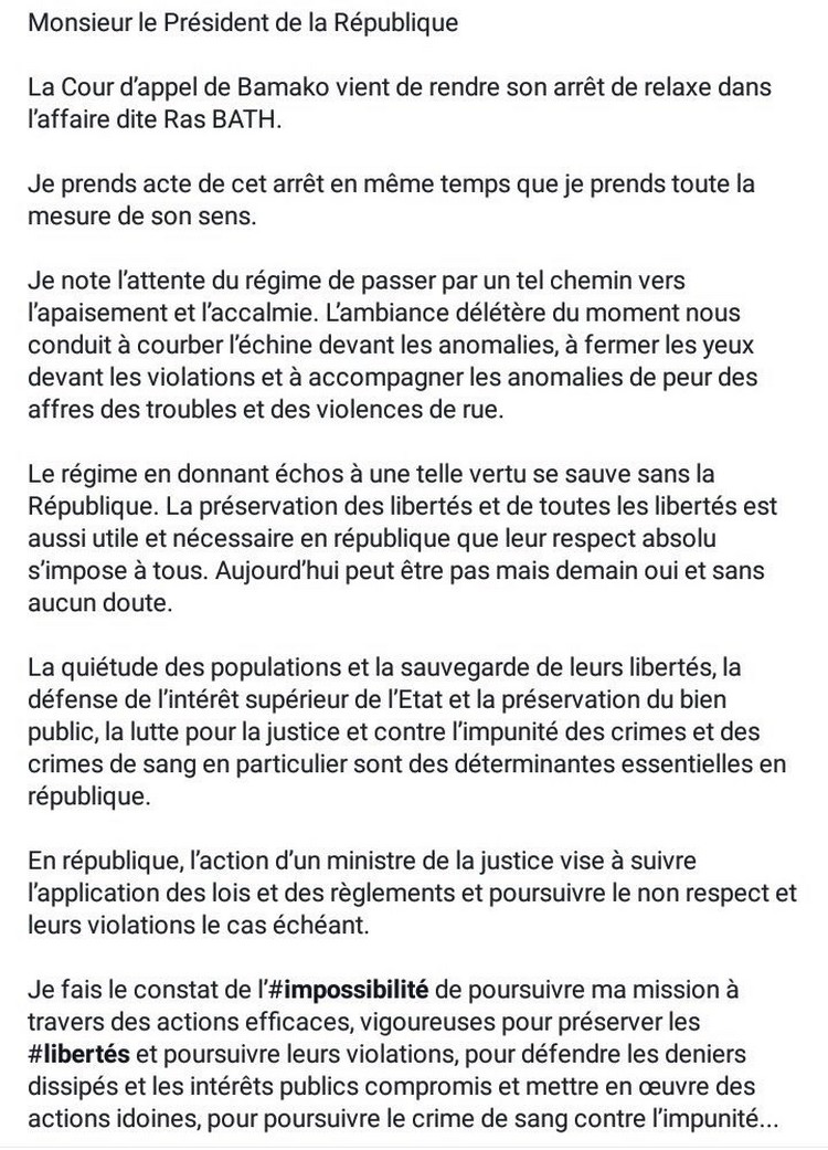 Maliweb Net Mali Crise Au Sommet De L Etat Demission Du Ministre De La Justice Me Mamadou Konate Voir Lettre De Demission