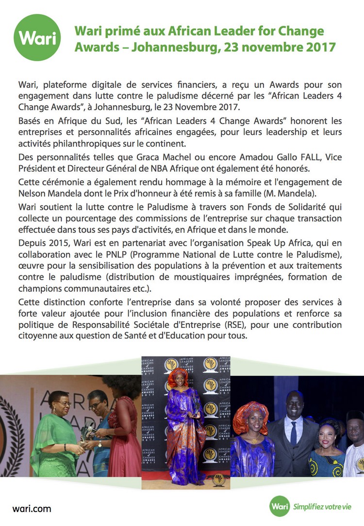 Wari primé aux African leader for change Award Johannesburg, 23 novembre 2017