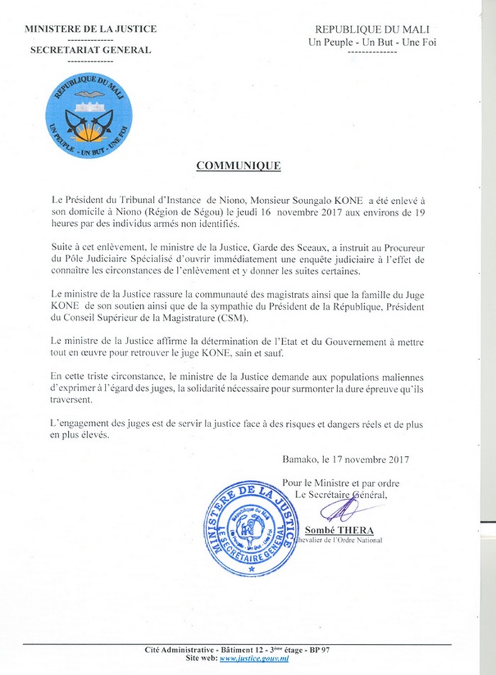 Communiqué du ministère de la Justice  relatif à l'enlèvement du président du tribunal d'instance de Niono