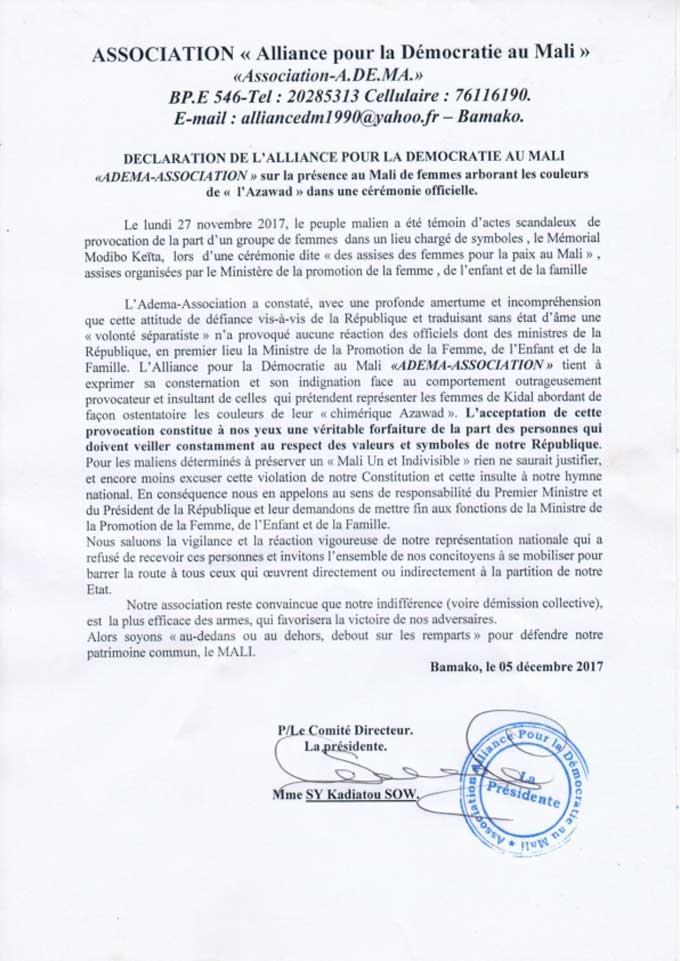 Déclaration de l'alliance pour la démocratie au Mali : « ADEMA-ASSOCIATION»  sur la présence  au Mali de femmes  arborant  les couleurs de « l'Azawad  » dans une cérémonie   officielle