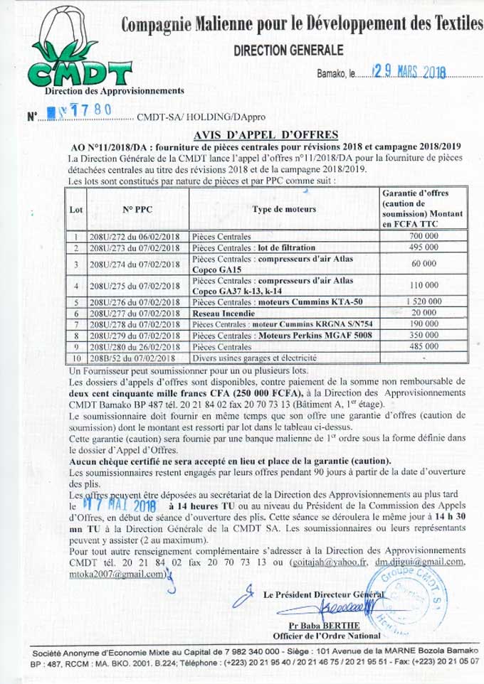 CMDT: Avis d'appel d'offres
