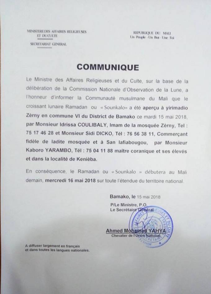 Communiqué: Le ramadan débutera demain mercredi 16 Mai 2018 sur toute l’étendue du territoire malien