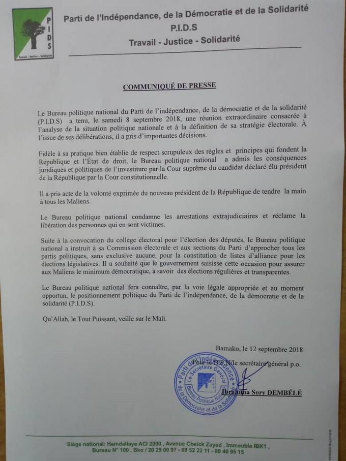 Communiqué de presse du Parti de l’Indépendance, de la démocratie et de la solidarité (PIDS)