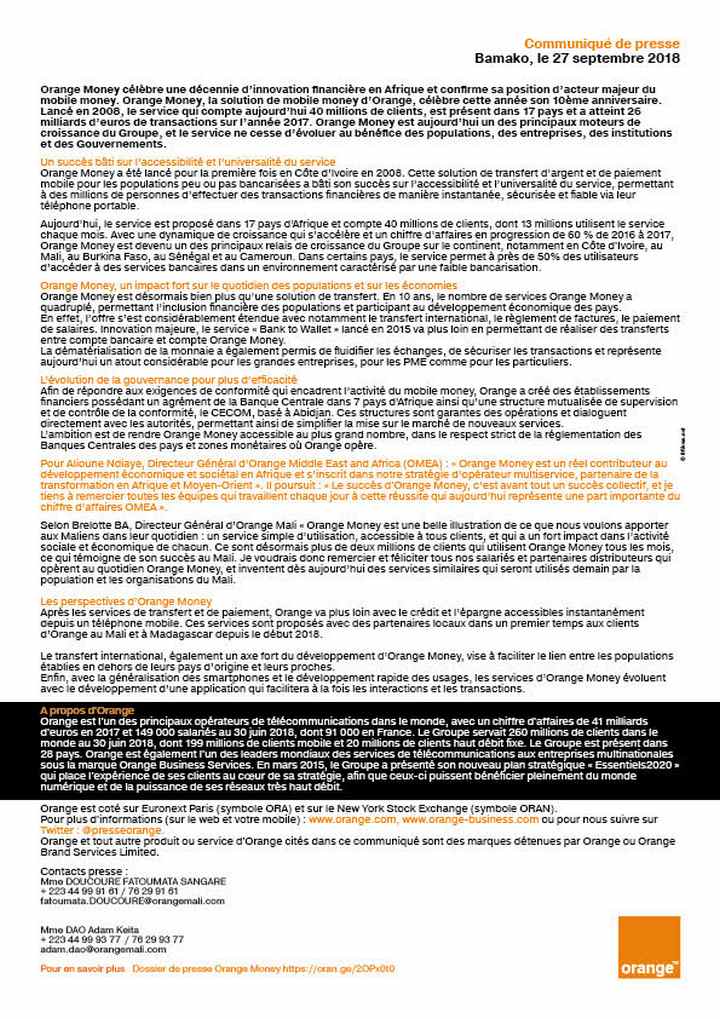 Communiqué de presse - 10 ans Orange Money