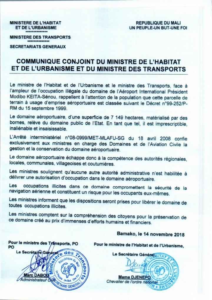 Communiqué conjoint du Ministre de l'habitat et de l'urbanisme et du ministre des transports