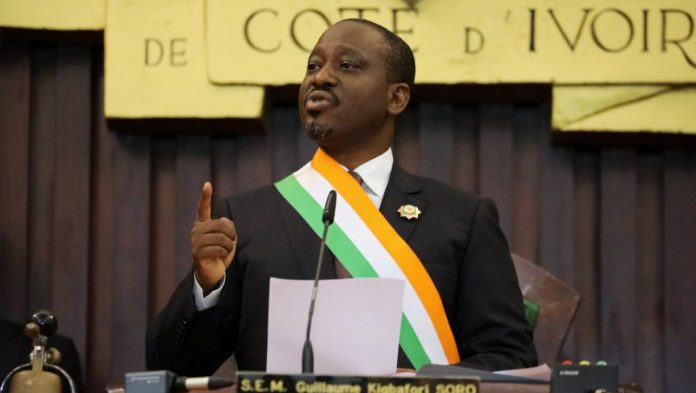 Guillaume Soro lors de l'annonce de sa démission du perchoir de l'Assemblée nationale ivoirienne, le 8 février 2019
