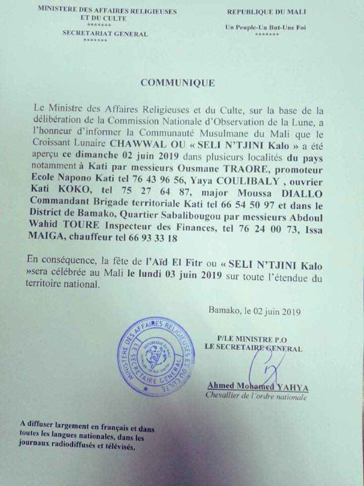 Communiqué: La fête d'Aid El Filtr sera célébrée demain lundi au Mali 