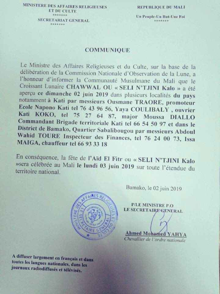 Communiqué: La fête d'Aid El Filtr sera célébrée demain lundi au Mali 