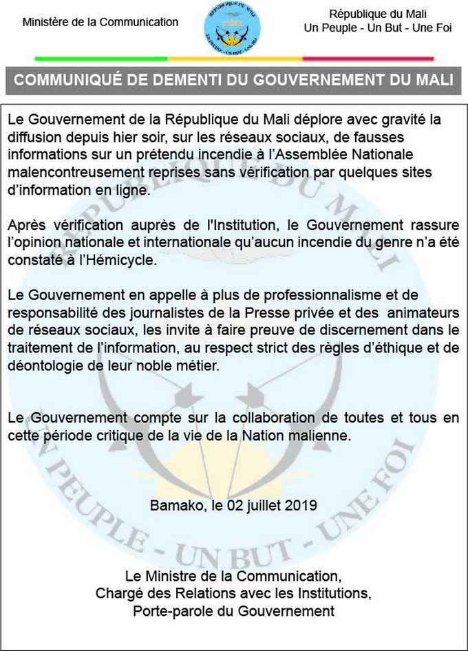 Communiqué de démenti du gouvernement de la république du Mali