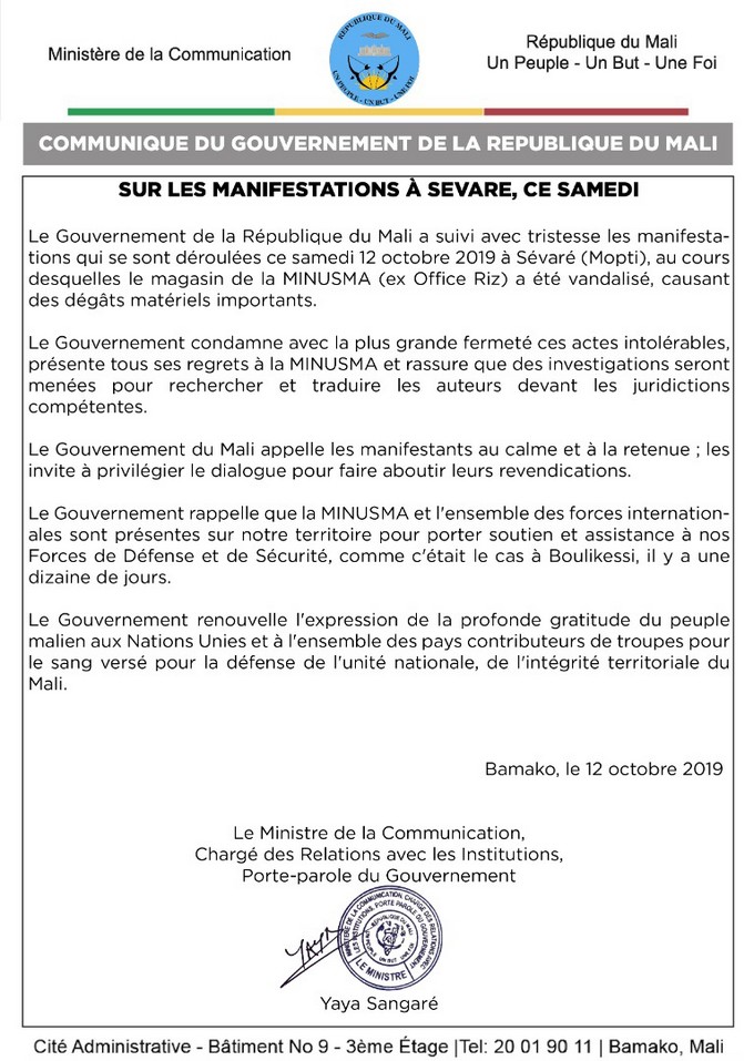 Communiqué du gouvernement sur les manifestations dans la ville de Sevaré