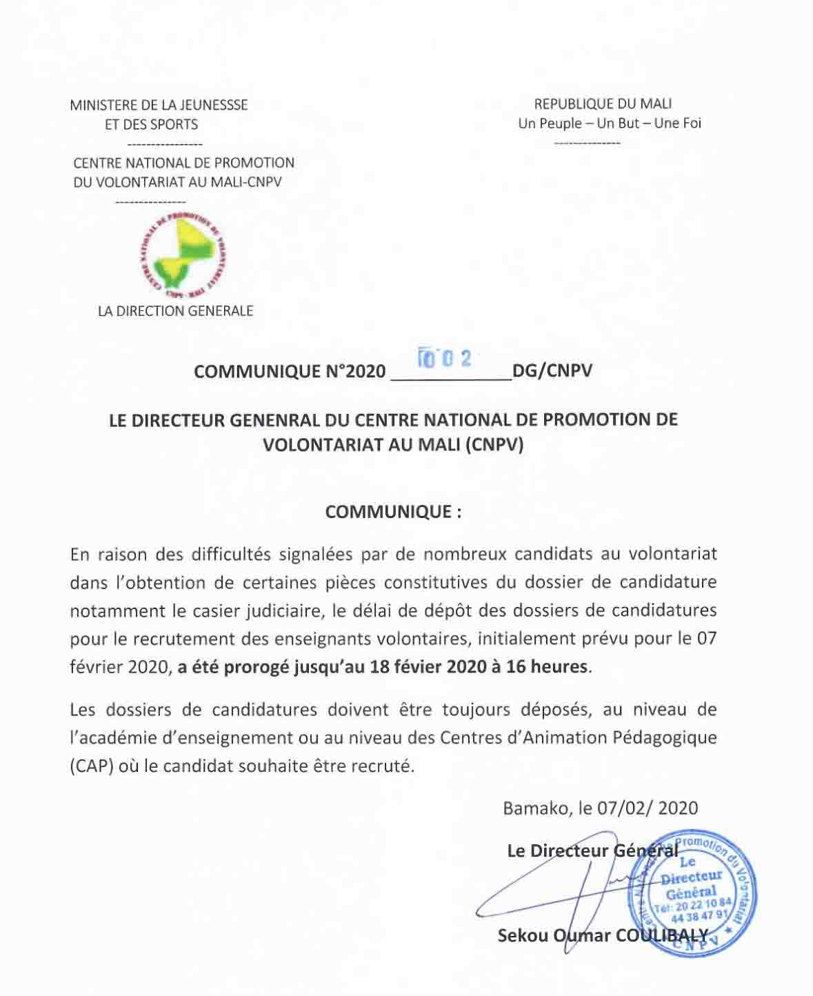 Communiqué du directeur général du centre national de promotion de volontariat du Mali