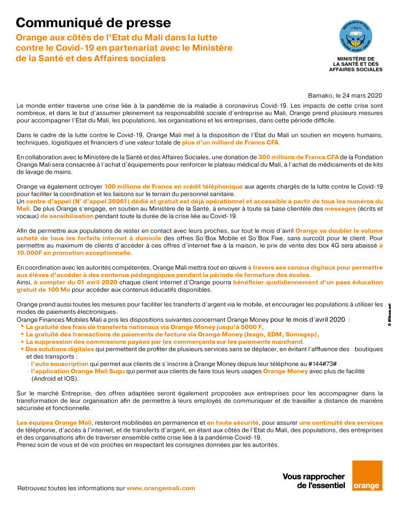 Orange aux côtés de l'Etat du Mali dans la lutte contre le Covid-19 en partenariat avec le ministère de la santé et des affaires sociales
