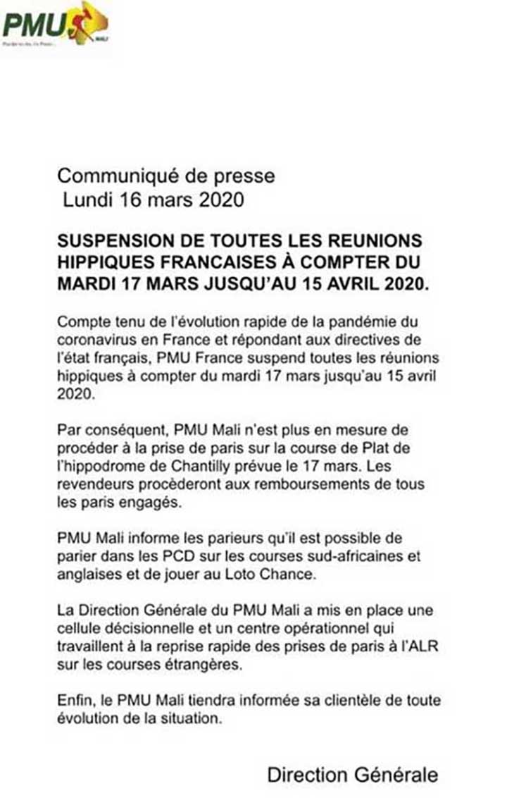 Communiqué de presse du PMU sur la Suspension de toutes les réunions hippiques françaises à compter du mardi 17 mars jusqu’au 15 avril 2020