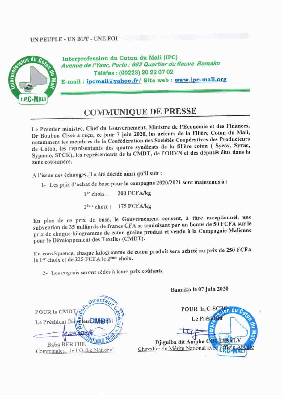 Communiqué de presse du gouvernement sur le prix du coton