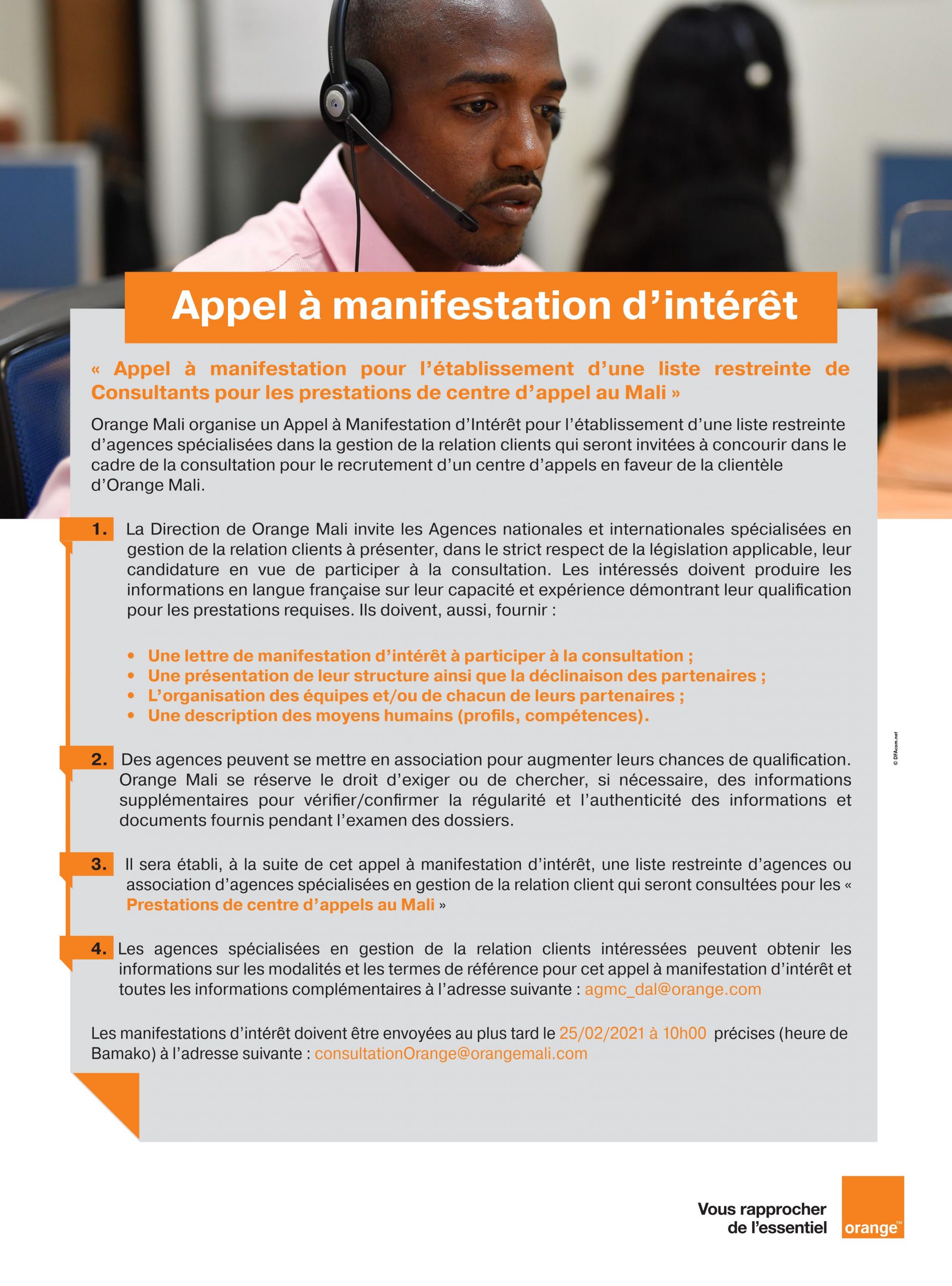 ORANGE MALI: Appel à manifestation pour l'établissement d'une liste restreinte de Consultants pour les prestations de centre d'appel au Mali