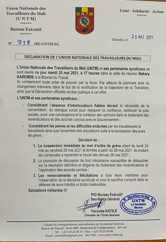 Mali : Front social: l’UNTM lève son mot d’ordre de grève
