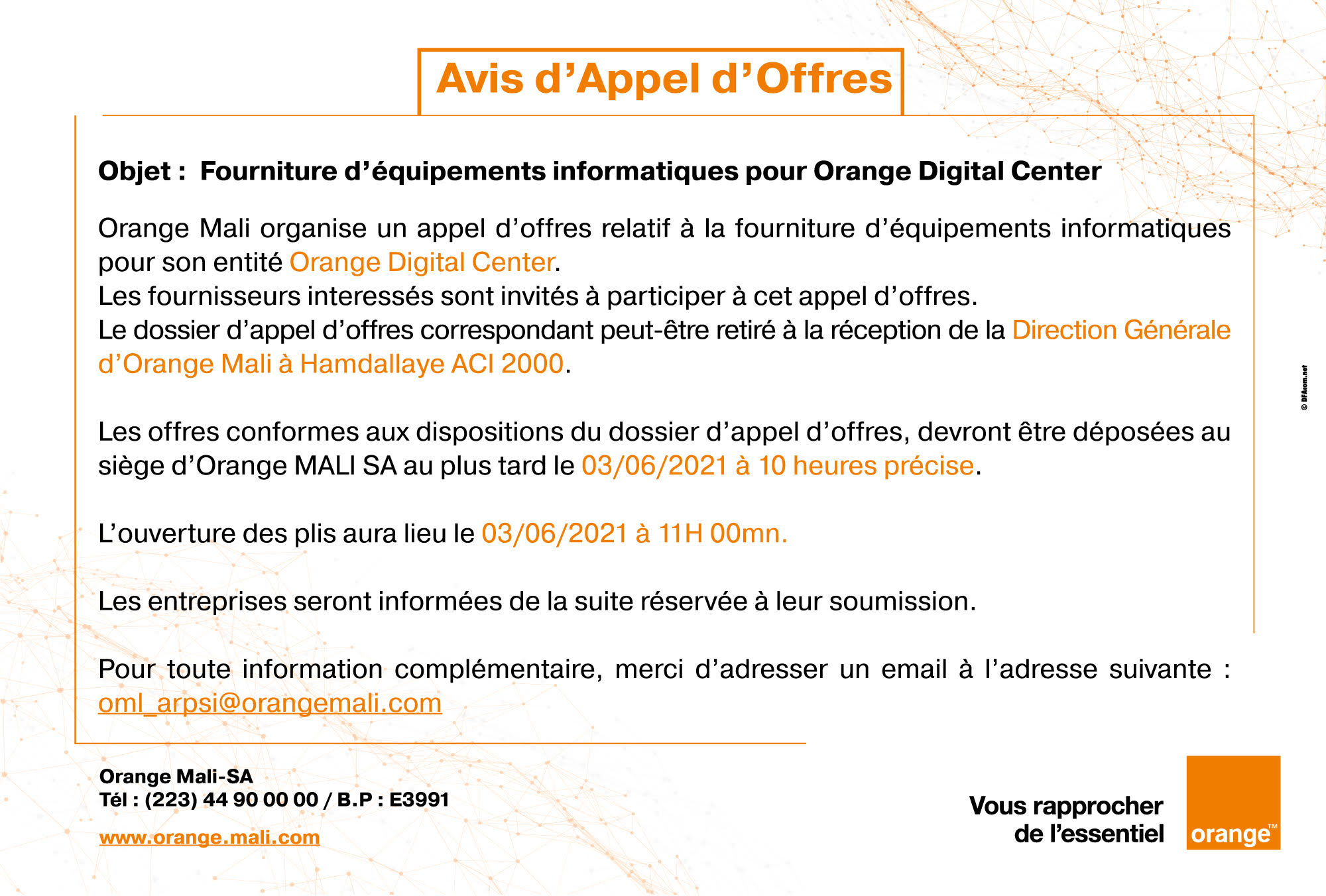 Avis d'appel d'offres: Fournitures d'équipements informatiques pour Orange Digital Center