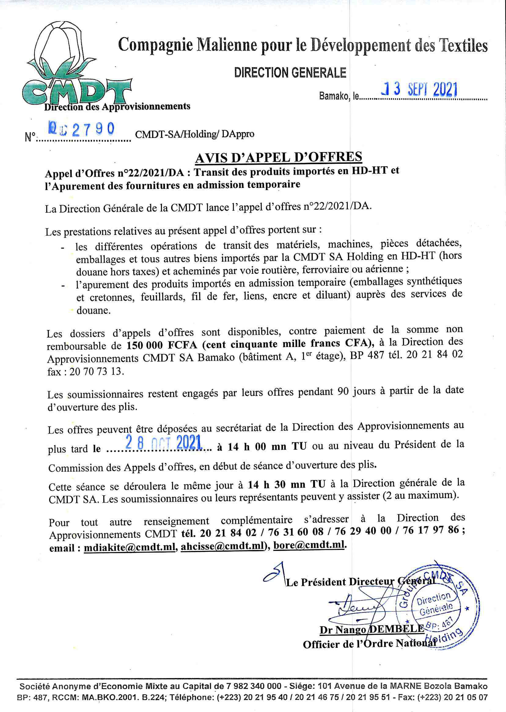 CMDT: Avis d'appel d'offres rélatif au transit des produits importés