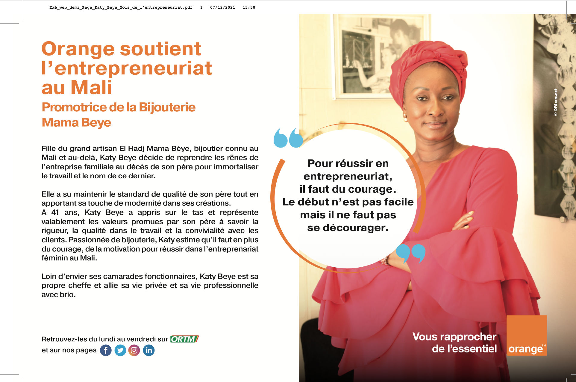 Orange soutient l'entrepreneuriat au Mali (promotion de la Bijouterie)