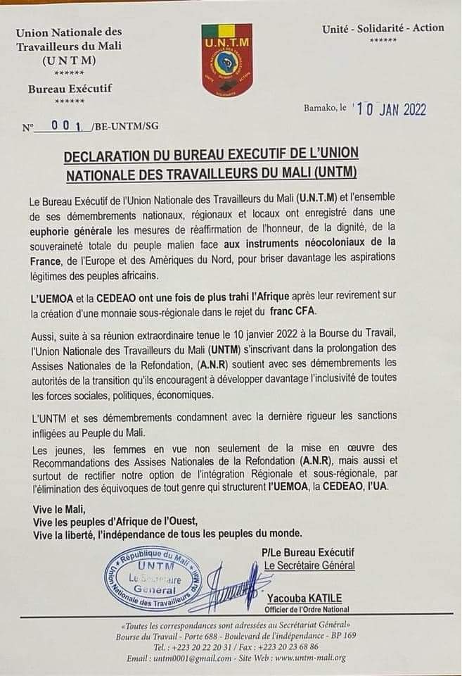 Communiqué de l'UNTM par rapport aux sanctions de la CEDEAO et de l'UEMO.