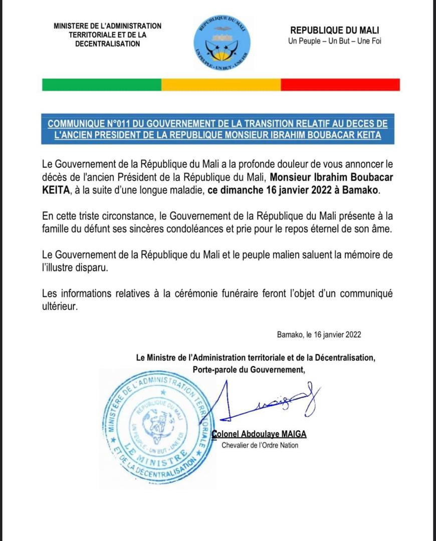 Décès de l'ancien président M. Ibrahim B. KEITA : Communiqué du Gouvernement de la Transition du Mali